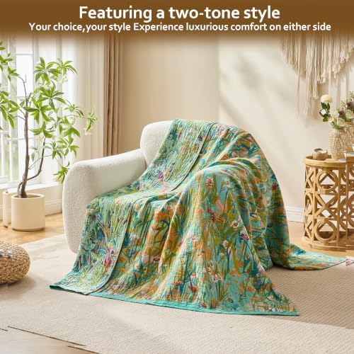 VANJOROY Boho Throw Blanket, 100% Organic Cotton Breathable Ultra Soft 91" x 108" King Bed Quilt Throw - All Season Floral Rustic Farmhouse Luxury Blanket for Sofa Couch Chair and Gift