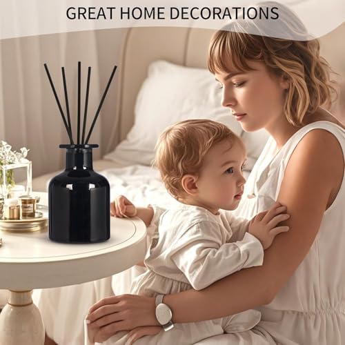 4 Pack Perfume Reed Diffuser Bottle,Empty Big Belly Aromatherapy Essential Oil Bottles Glass Jar with Black Sticks for DIY Fragrance Replacement Diffuser Sets (150ml/ 5 oz, Black Color)