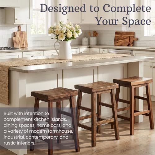 Alaterre Furniture Pomona Solid Wood Bar Stool Set of 2, Rustic Brown, 26”