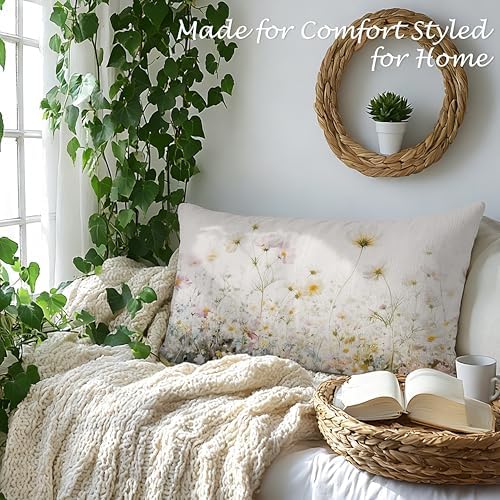 Farmhouse Rustic Daisy Floral Pillow Cover 12x20,Cottagecore Botanical Wildflower Field Decorative Lumbar Pillow Cover for Couch Bed Home Living Room Bedroom