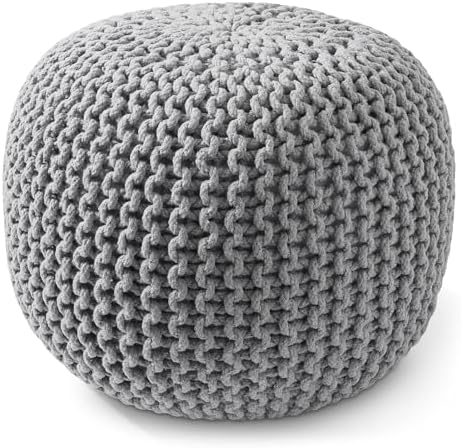 Casafield Round Pouf Ottoman, Light Gray - 20" Diameter x 14.5" High Cotton Knit Foot Stool - Boho Floor Pouffe for Living Room, Bedroom, Home Office