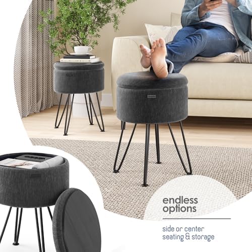 Round Ottoman with Storage, Textured Velvet Storage Ottoman, Foot Stool Ottomans, Makeup Vanity Stool, Small Ottomans Foot Rest, Modern Vanity Stools for Living Room and Bedroom, Grey