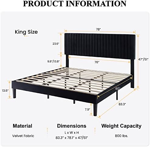 SHA CERLIN King Upholstered Platform Bed Frame with Adjustable Headboard/Vertical Channel Tufted Velvet Fabric/Wooden Slats Support/Mattress Foundation/Box Spring Optional/Black