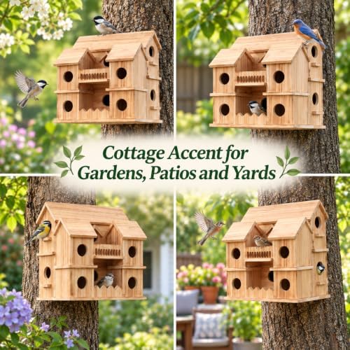 10-Hole Cedar Birdhouse Cottage for Outside, Small Bird House