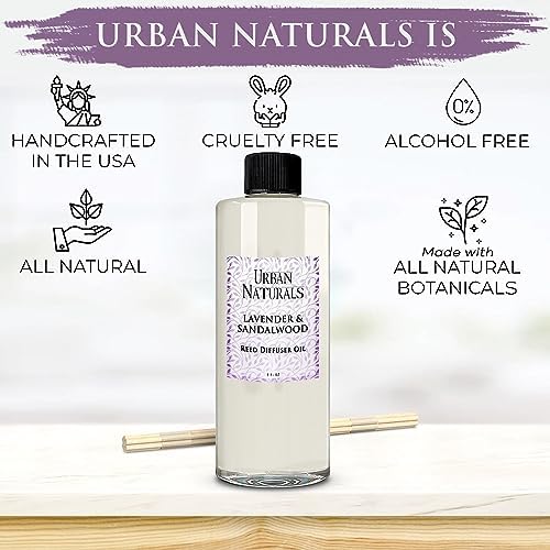 Urban Naturals Reed Diffuser Oil Refill Lavender Sandalwood with Golden Amber, Exotic Woods, Patchouli 8 oz + Free Reed Sticks, Made in the USA