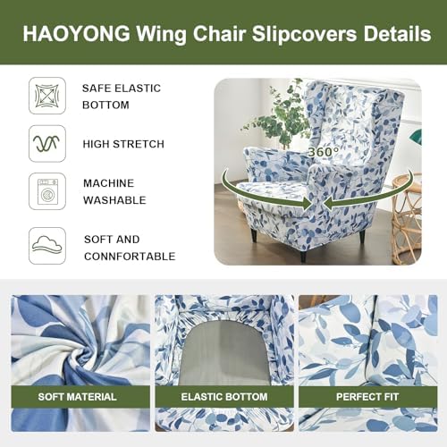 HAOYONG Wing Chair Slipcovers Printed Wingback Chair Covers 2 Pieces Wingback Armchair Slipcover Stretch Chair Slip Covers Washable Armchair Protector Cover for Living Room and Bedroom