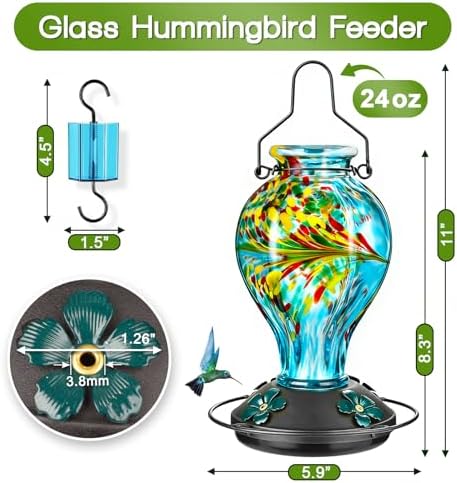 Hand Blown Glass Hummingbird Feeders for Outdoors Hanging, 24oz Wild Bird Nectar Feeder with Ant Moat and Perch, Bee-Resistant Ports, Garden Decor, Gifts for Women Mom, 1 Pack, Blue Phoenix