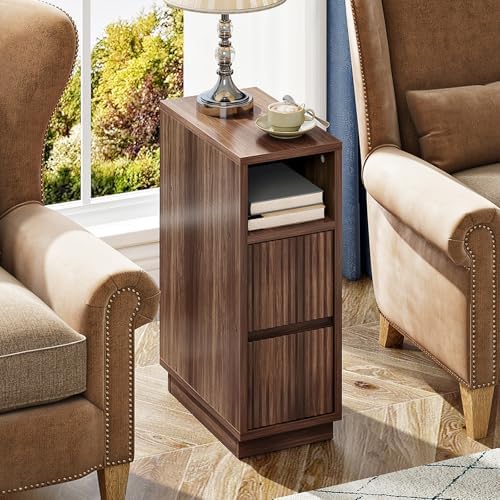 CHOEZON 8.7" Narrow Fluted Nightstand, Small Bedside Table with Drawers, Skinny Side Table, Modern Nightstand with 1 Semi-Open Shelf, Floating End Table, for Living Room, Bedroom, Walnut MBZ12HT