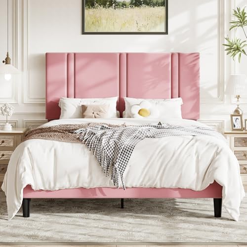 Allewie Full Size Platform Bed Frame with Velvet Upholstered Headboard