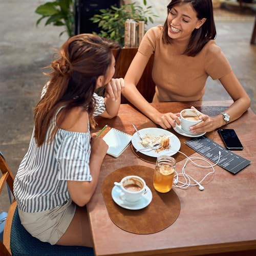 ADRIMER Oval Placemats Set of 6, Wipeable Faux Leather, Turmeric Brown