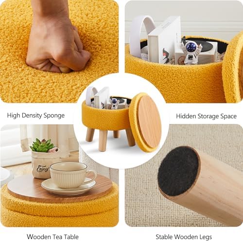 Wimarsbon Storage Ottoman, Modern Round Footrest with Soft Padded Seat, Teddy Velvet Footstool with Wood Legs, Accent Small Table or Plant Stand for Hallway, Living Room (Brilliant Yellow)