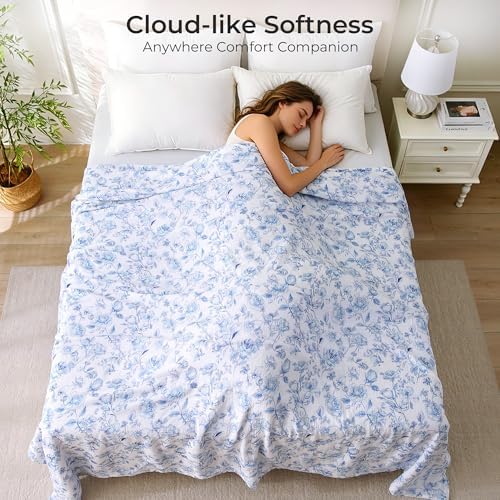 Muslin Blankets for Adults Reversible Throw Fleece & Gauze, Soft Cozy Lightweight Breathable Blue Floral Blanket for Bed Couch, Double Layer Muslin Throw Cover 50"x70"