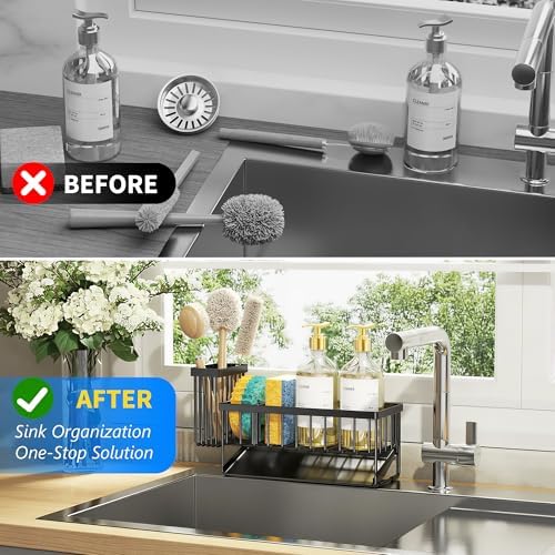 Cisily Sink Caddy Sponge Holder for Kitchen with Brush Holder and Stainless Steel Self Drain Tray, Rustproof Kitchen Sink Organizer for Sponge, Soap Dispenser Storage Accessories