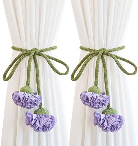 Handmade Curtains Tiebacks, Boho Flower Curtain Tie Backs Curtain Holder Tie Backs for Curtains Braided,Cute Flower Curtain Ties Decorative Rope for Bedroom Window Treatment (Purple)