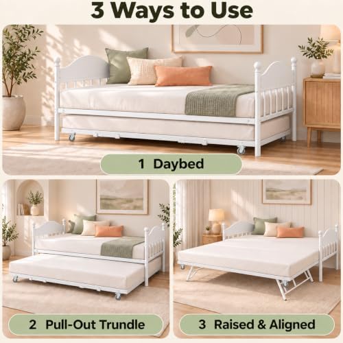 IDEALHOUSE Twin Daybed with Trundle, Foldable Pop Up Metal Twin Bed Frame