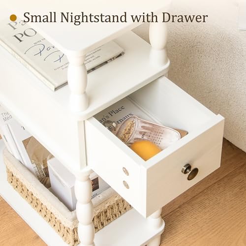 MaxSmeo White Narrow End Table, Small Side Table Living Room, Skinny Bedside Table Nightstand with Drawer for Small Spaces, Bedroom (White)