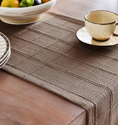 ZeeMart Linen Checked Farmhouse Table Runner, 13x108 Inches Cocoa Brown