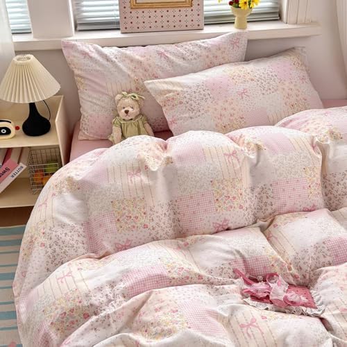 Pink Duvet Cover Full Size 100% Cotton Muslin Cute Patchwork Bedding Set for Teen Girls Women,Soft Comfy Double Gauze Bedding Quilt Covers,3 Pieces(1 Duvet Cover with 2 Pillowcases)