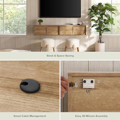 mopio Lauren Floating TV Shelf, Multi-Purpose Modular Under TV Display Shelf, Wall Mounted Wood Television Cabinet, Nightstand, Side Table, End Table, Bedside Shelves for Bedroom (Oak, 62", Twin)