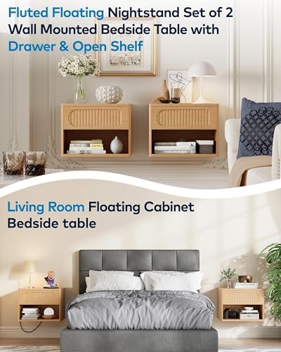 Wooden Fluted Floating Nightstand Set of 2, Wall Mounted w/Drawer & Shelf, Waterproof & Scratch-Resistant, Metal Glide, Compact for Small Spaces (15.8”W x 12.6”D x 11.9”H, Natural Wood)