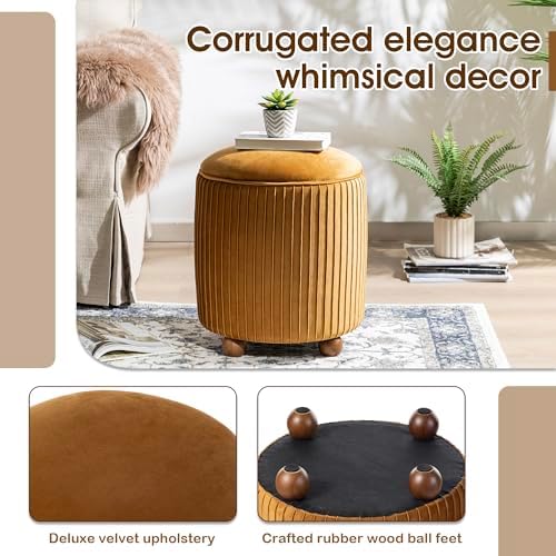 Glitzhome Round Ottoman with Storage, Pleated Velvet Small Foot Stool, Modern Accent Stool Upholstered Vanity Stool with Rubberwood Ball Feet for Bedroom Living Room Dorm Room, Brown