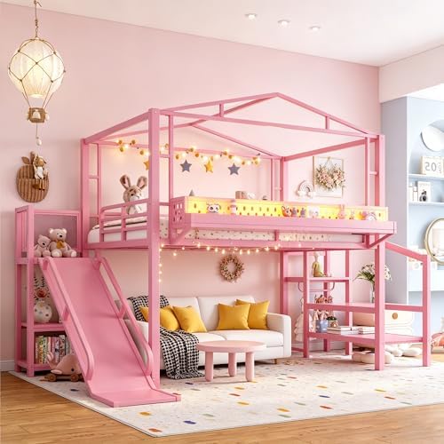 Bellemave Full Size Metal House Loft Bed with Slide and Stairs,Heavy Duty Playhouse Loft Bed Frame with Shelves,LED Lights and Charging Station for Kids,Teens,Adults,Pink