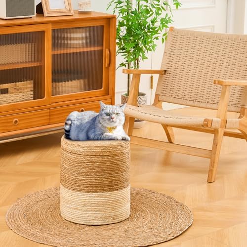 14" Natural Grass Round Storage Pouf Ottoman Handwoven Pouffe Rattan Stool