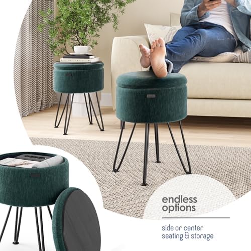 Round Ottoman with Storage, Textured Velvet Storage Ottoman, Foot Stool Ottomans, Makeup Vanity Stool, Small Ottomans Foot Rest, Modern Vanity Stools for Living Room and Bedroom, Green