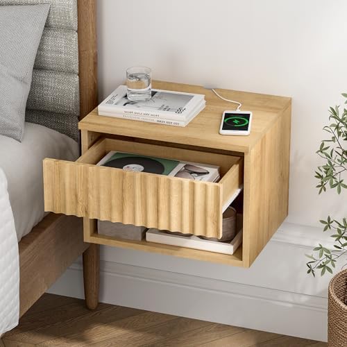 Floating nightstand Set of 4，Modern Fluted Bedside Tables with Drawer & Open Shelf Oak