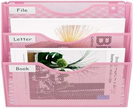 EasyPAG 3 Pocket Mesh Wall File Organizer, Hanging Paper Folder Holder with Classify Label, Vertical Wall Mount Mail Organizer for Office Home Classroom, Pink