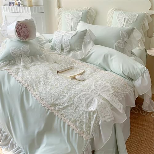 MOOWOO Lovely Bow Chic Duvet Cover Set- Ruffle Lace Polyester Comforter Cover -Girl French Princess Style Bedding-2 Piece Twin Duvet Cover with Zipper Closure-No Comforter-Green,Twin Size