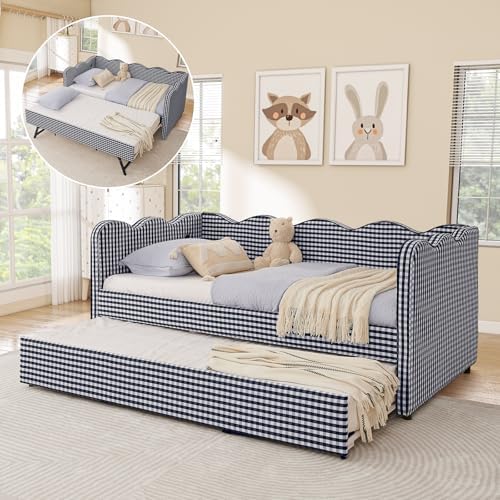 Twin Size Daybed with Pop Up Trundle, Linen Gingham Twin to King Daybed with USB Ports, Upholstered Day Bed Frame, Modern Sofa Bed for Bedroom/Living Room/Guest Room, No Box Spring Needed, Navy
