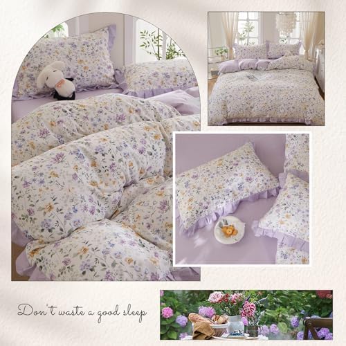 HighBuy Farmhouse Ruffle Duvet Cover Full Size,Purple Floral 100% Cotton Durable Duvet Cover Set Coquette Soft Lilac Comforter Cover Quilted Cover for Women Girls,Cottagecore Bedding Set