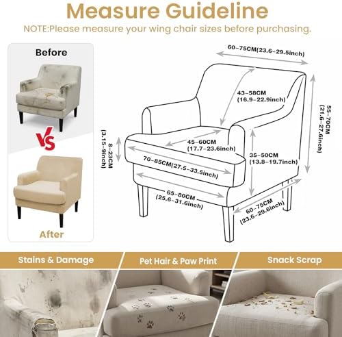 Mid-Century Accent Chair Covers with Cushion Cover Velvet 2 Pieces Upholstered Armchair Slipcovers for Living Room Comfy Sofa Reading Furniture Protector for Apartment Bedroom Office (Beige)