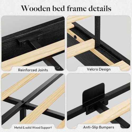 Queen Size Bed Frame with 50.2" Tall Upholstered Headboard, Black