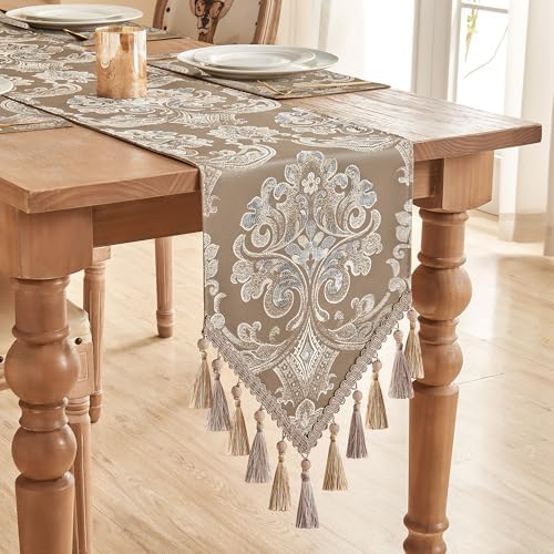 Loom and Mill Damask Floral Table Runner 72 Inches Long, Light Coffee