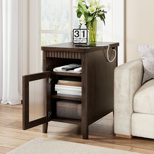 iPormis End Table with Charging Station, Narrow Side Table for Living Room, Farmhouse Night Stand with Storage Cabinet, Wood Bedside Table for Bedroom Small Space, Walnut