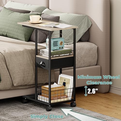 Rolling C Shaped Side Table with Storage Drawer, Ivory Portable Desk on Wheels, Bedside Table for Sofa Couch & Bed, Small Overbed Laptop Desk, Mobile Coffee End Table for Bedroom Living Room Dorm