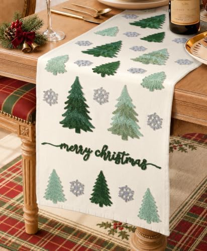 Miss Adola Embroidered Canvas 13"x90" Christmas Table Runner, Merry Forest