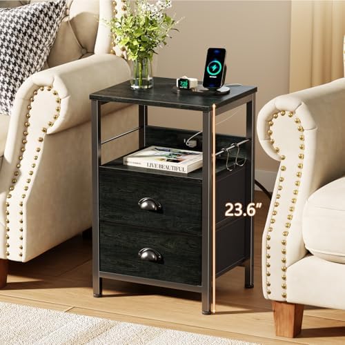 Furologee Nightstands Set of 2 with Charging Station, 2 Fabric Drawers