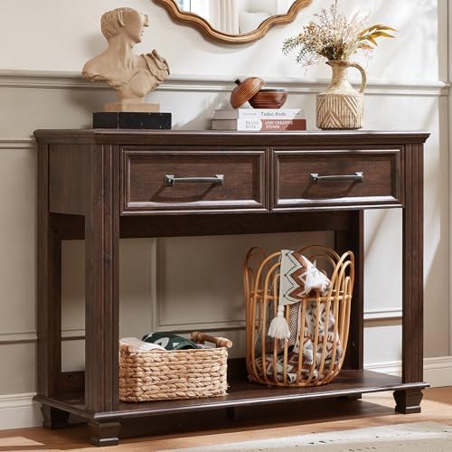 SAVOR LIFE 46" Farmhouse Console Table with Drawers, Walnut Entryway Table