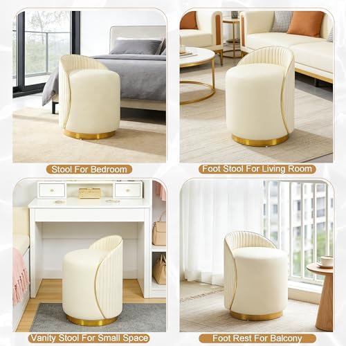 Vanity Chair with Back, Leather Vanity Stool - 360° Swivel Makeup Chair, No Assembly Upholstered Comfy Makeup Stool Ottoman for Bedroom, Dressing Room, Living Room, Beige
