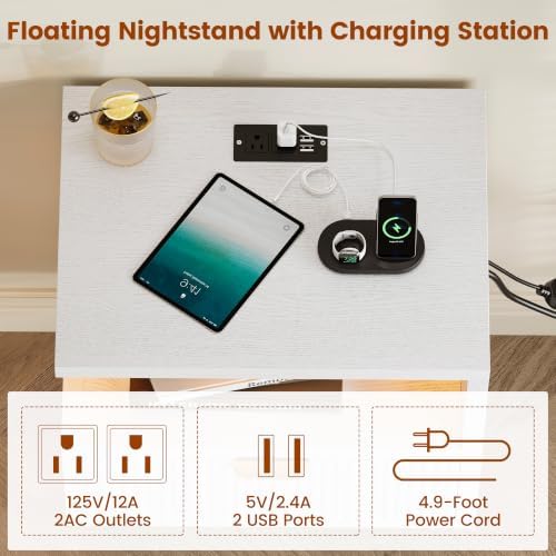 Homeiju Floating Nightstand with Charging Station, LED Lights and Drawer