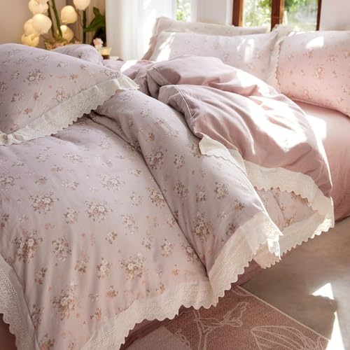 Cotton Duvet Cover Twin 3 Pcs, Rustic Floral Ruffled Bedding 68"×86"