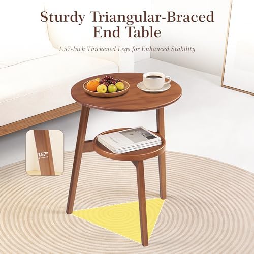 2-Tier Round Bamboo Side Table, Mid Century Modern End Table