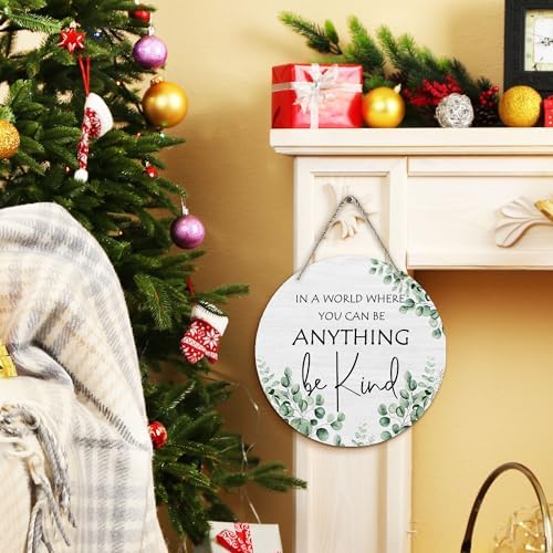 PHAMTE Inspirational Classroom Round Wreath Sign, Motivational Wall Hanging Plaque Wood Sign, in a World Where You Can Be Anything Be Kind Decorations for Wall Pediments Door Porch Room Home 12 Inch