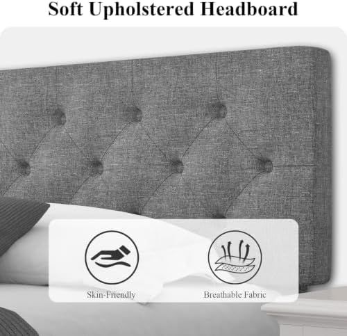 HOMBCK King Size Bed Frame, Upholstered Bed with Headboard, Light Grey