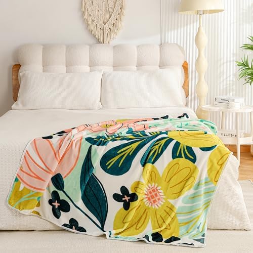 Tyrot Boho Floral Flannel Fleece Throw Blanket – Soft, Warm & Lightweight Fuzzy Blanket for Couch, Bed, or Sofa Decor, Cute Botanical Design for Men Women & Girls, 50''x60'', Pink Green
