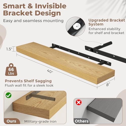 40 Inch Floating Shelves for Wall, 8"D Wood Storage Shelves, Oak Finish