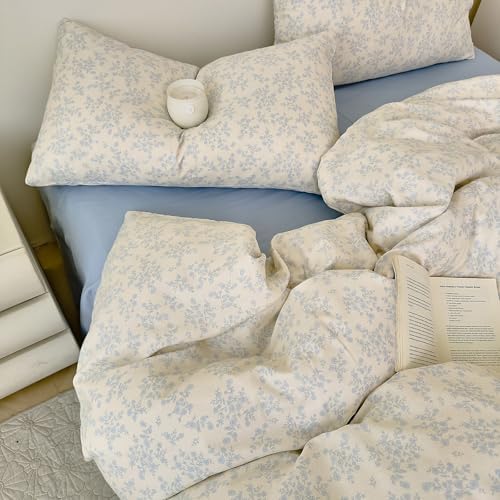 HighBuy Muslin Duvet Cover Queen Bedding Set,Comfy Soft Gauze Chic Blue Floral Print Quilt Comforter Cover with 2 Pillowcases,French Country Floral Bedding Set Zipper Closure,All Season